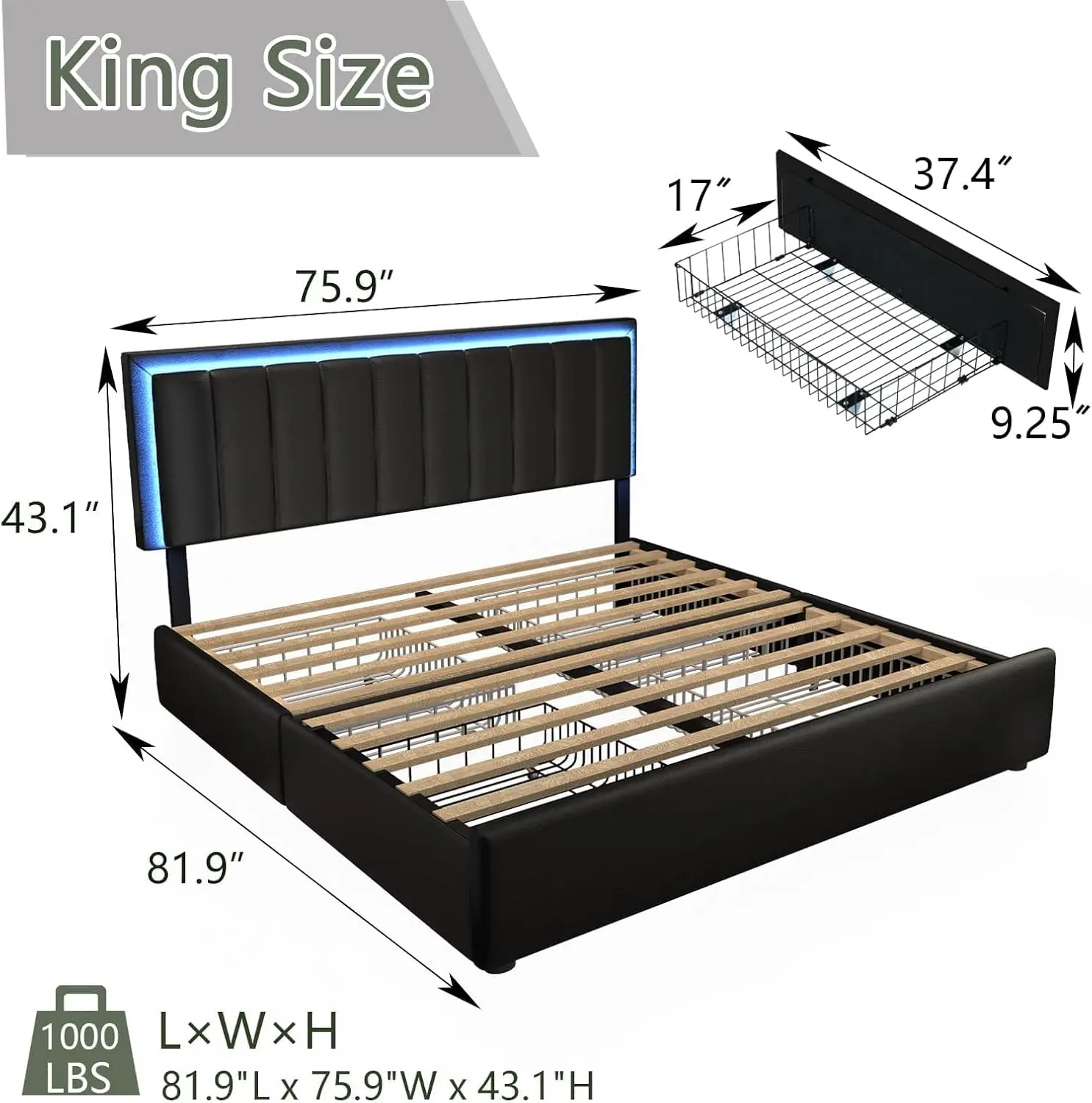 King Bed Frames with 4 Drawers and LED Headboard, King Size Upholstered Bed Frame with Storage, Heavy Duty Metal Frame and Wood