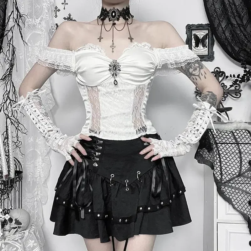 IMU Sexy Gothic Black Lace-up Metal Rivet Mini Skirts Y2K Vintage A-Line Short Skirts Women Fashion Autumn Streetwear Halloween