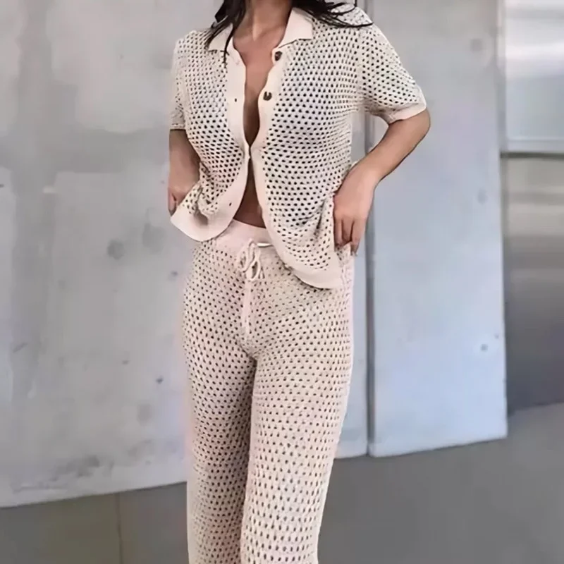 섹시한 투피스 휴가복 세트 여성용 솔리드 반팔 싱글 버튼 탑 드로스트링 스트레이트 팬츠 2025 신상 비치웨어