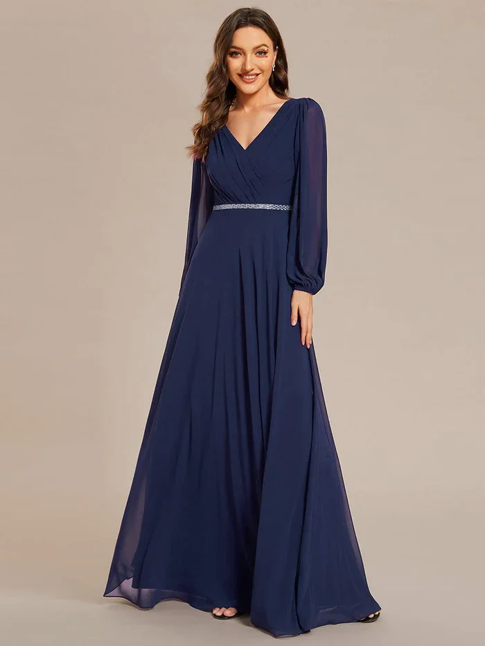 Elegant waisted Pleated Double V-Neck Long Sleeves Shiny Belt Chiffon guest dress Evening Dress Perfect for weddings or cocktail