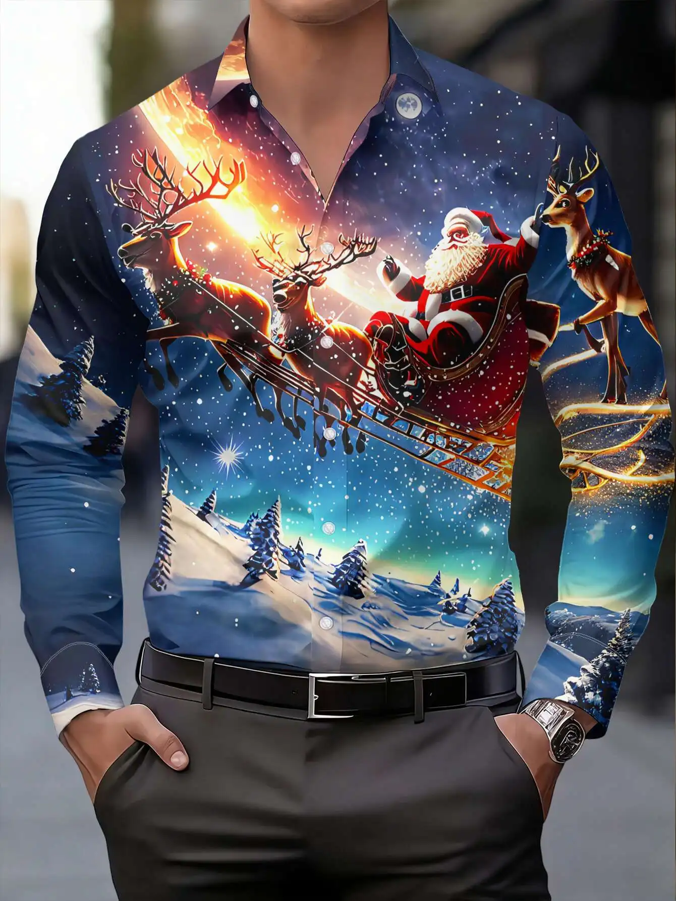 Mens Christmas Scenic Shirt, Starry Sky Santa Sleigh Reindeer Snow Mountain Full Print Long Sleeve Party Outfit