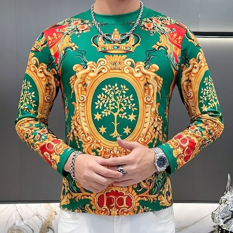 Marca de luxo outono masculino em torno do pescoço moletom casual manga comprida camiseta moda social streetwear pulôver base camisa 2025