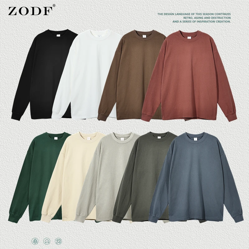 ZODF 2022 Retro Autumn Full Sleeve Washed 100% Cotton T-Shirts For Men Unisex Solid Casual Loose 310gsm Tee Brand Tops HY0405