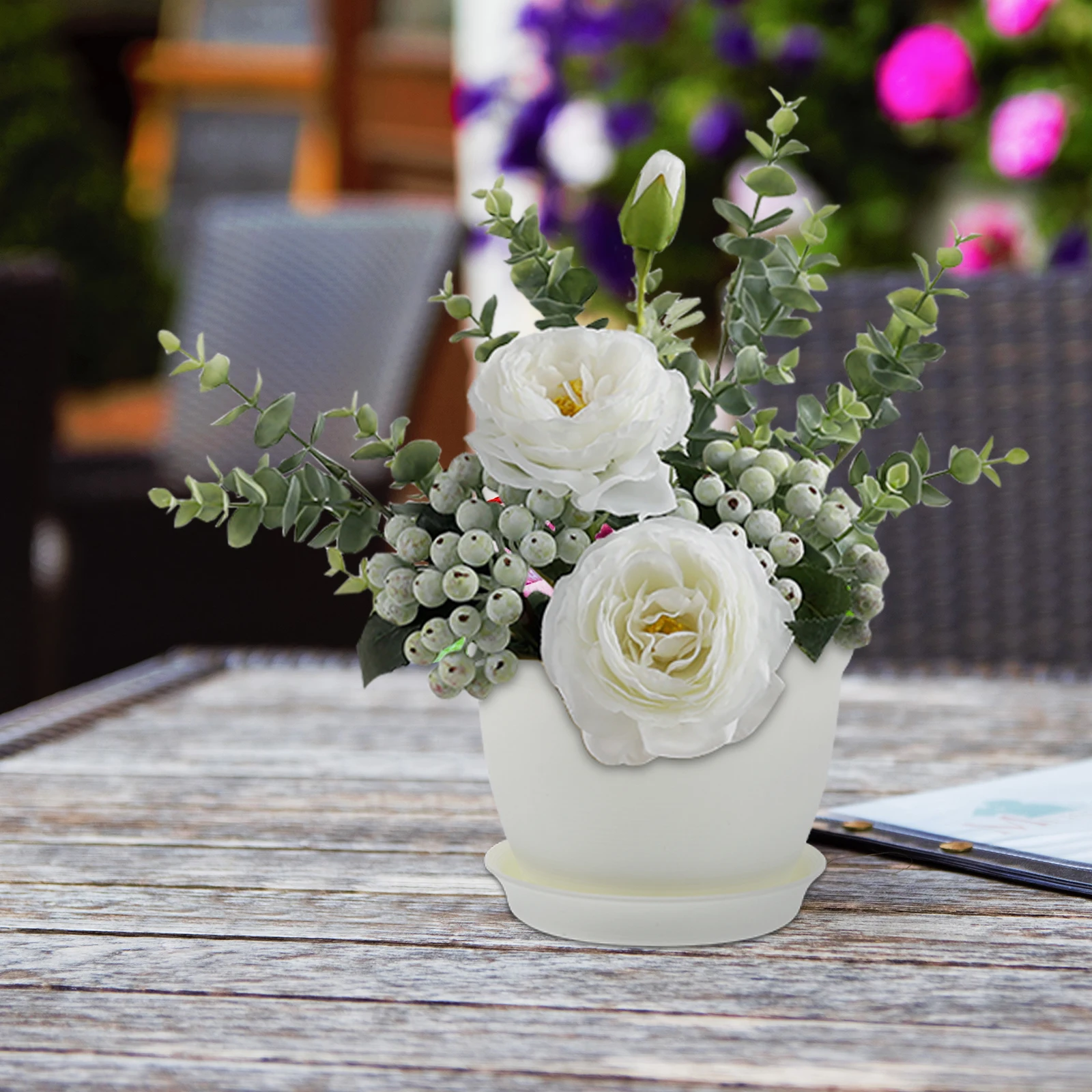 

2 set 2 Sets Round Thickened White Flower Pots Saucers Indoor Plants Nursery Plastic Planter Drainage Balcony Garden