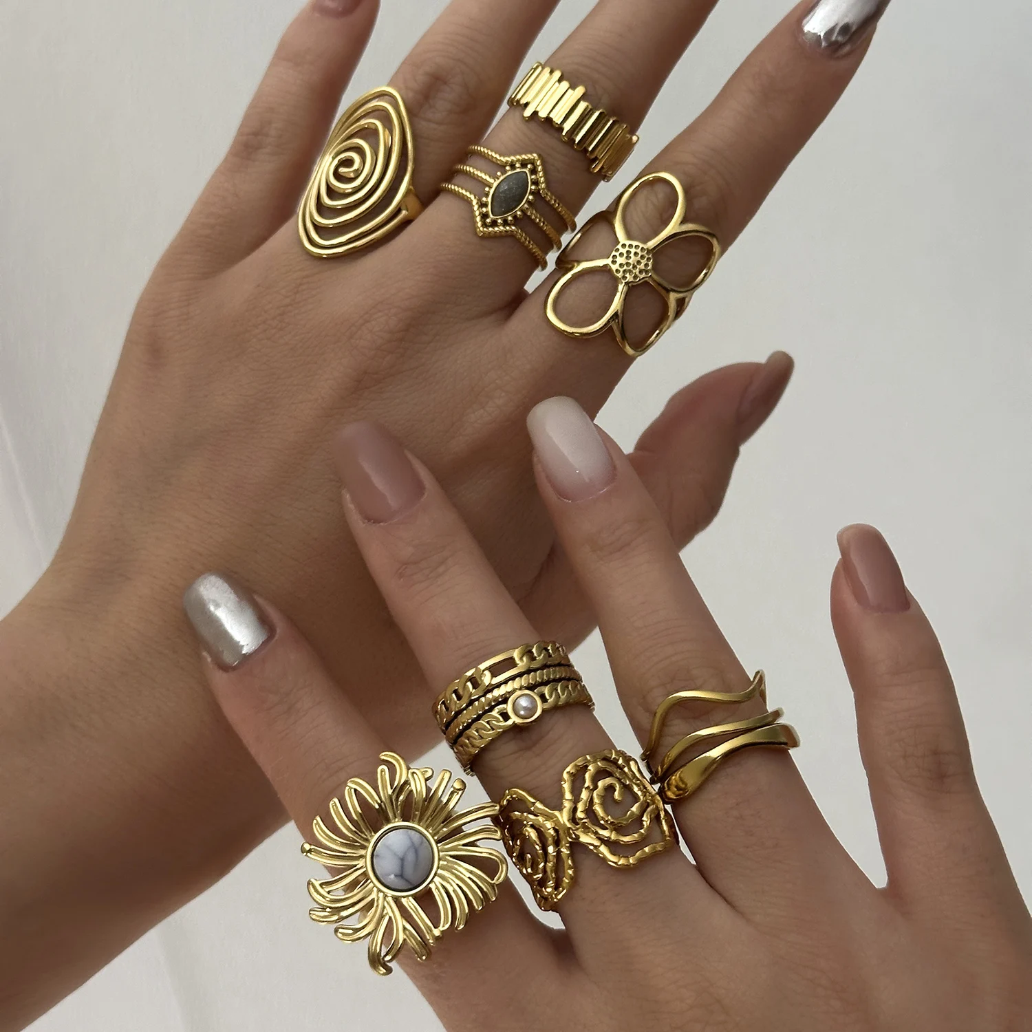 Edelstahl Vintage Geometrische Ringe für Frauen Retro Unregelmäßiger Stein Sonnenblumen-Textur Fingerring Party Wasserdichter Schmuck