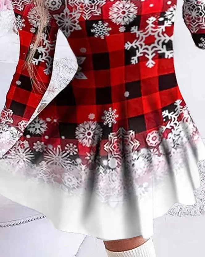 Damen 2024 Neues Weihnachts-Schneeflocken-Gitter-bedrucktes Freizeitkleid mit Rundhalsausschnitt und langen Ärmeln, A-Linien-Kleid, Mini-Weihnachtskleid