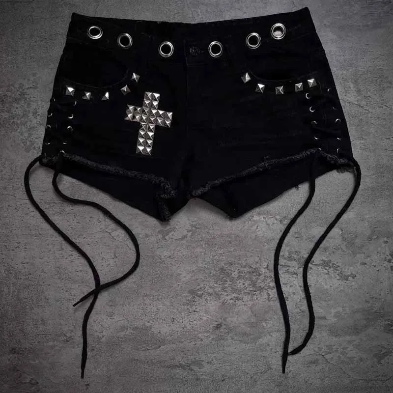 Women Y2K Gothic Denim Shorts High Waist Cross Rhinestone Rivet Harajuku Punk Streetwear Loose Summer Casual Jean Shorts