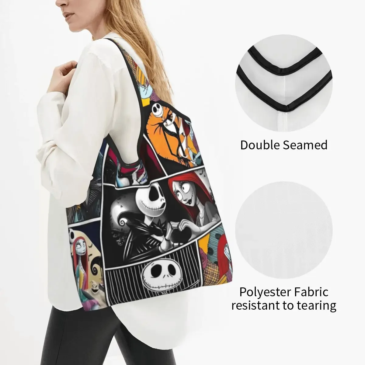 Custom Cute Jack And Sally Collage Shopping Tote Bag Portable Groceries Shopper Shoulder Bag