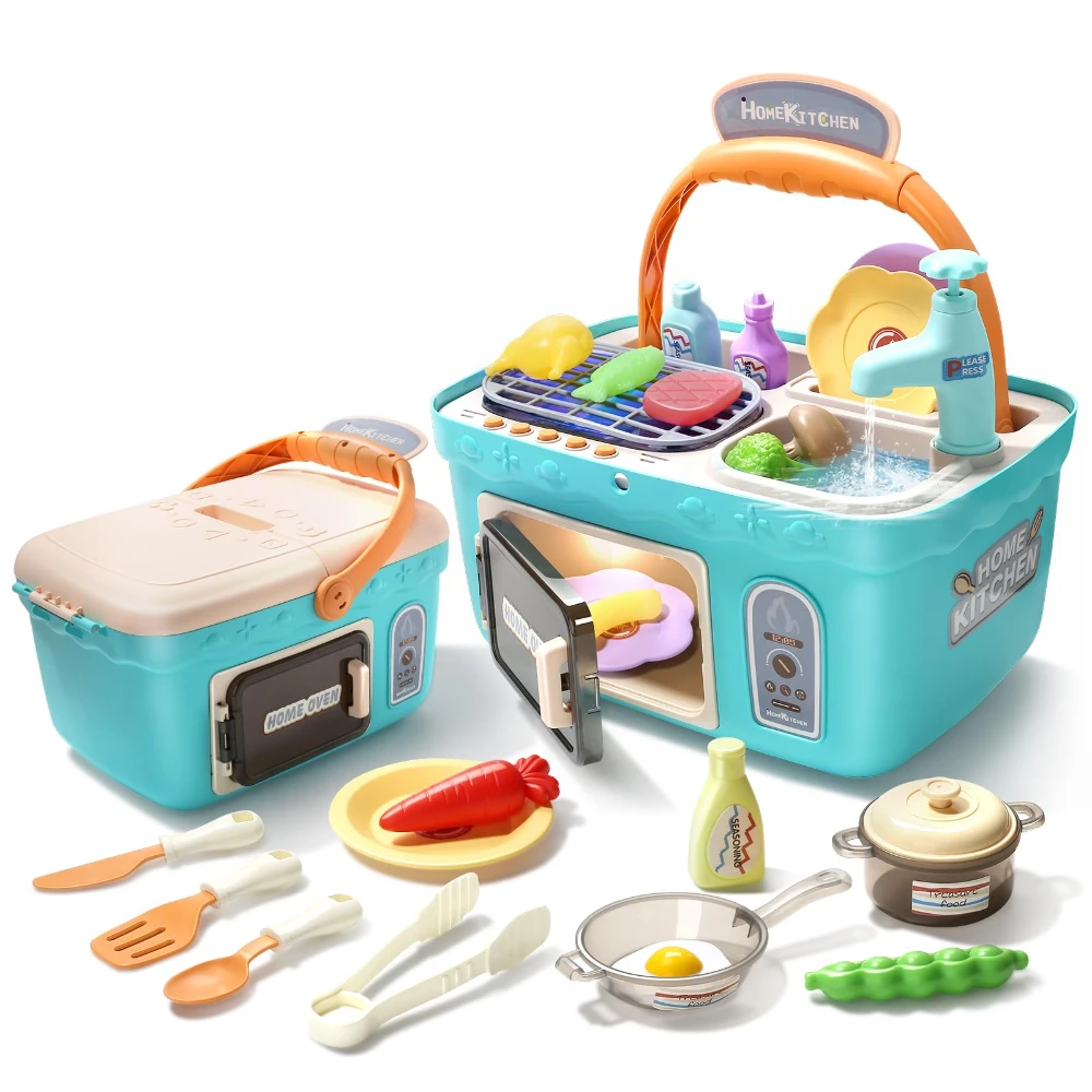 WizKidz Kids Picnic & Kitchen Playset Portable Picnic Basket with Music Lights Color Changing Play Foods Sink Oven Toys for Kids