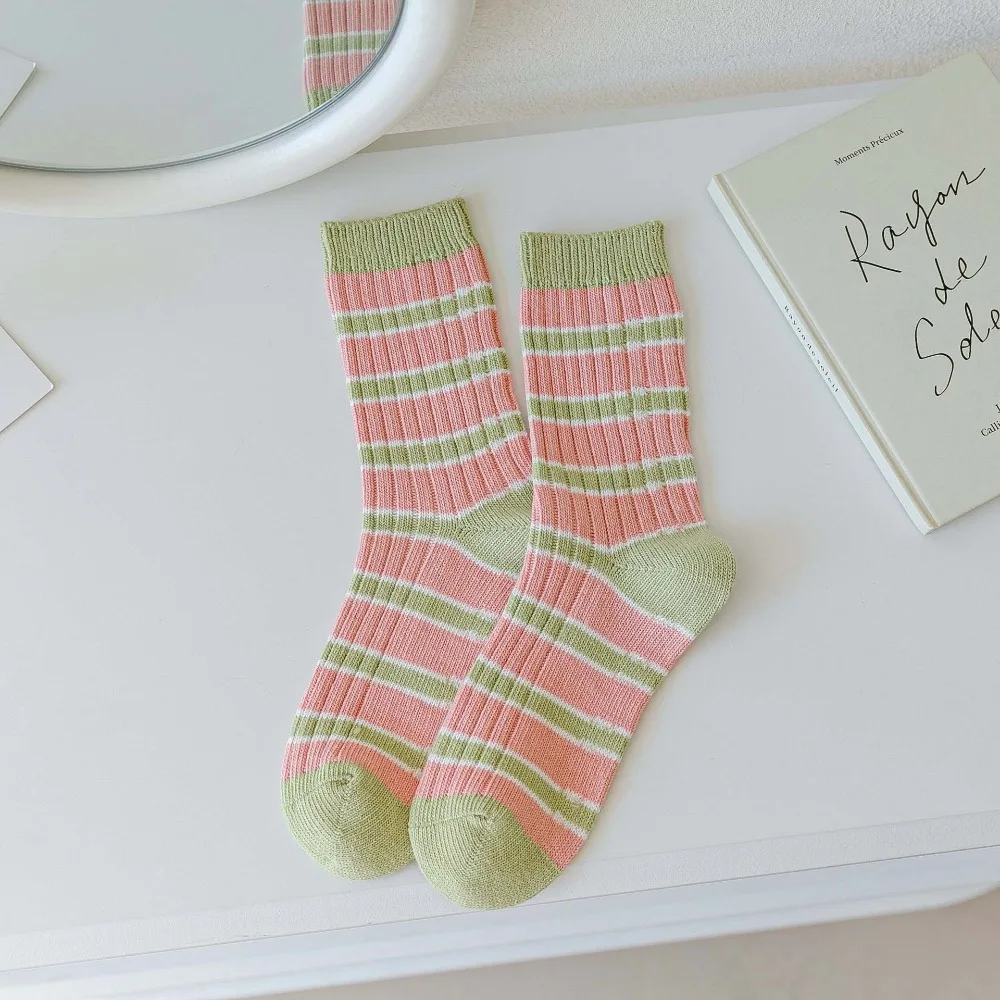 Candy Color Striped Pattern Socks for Women Cotton Blends Spring Autumn Standard Thickness Socks