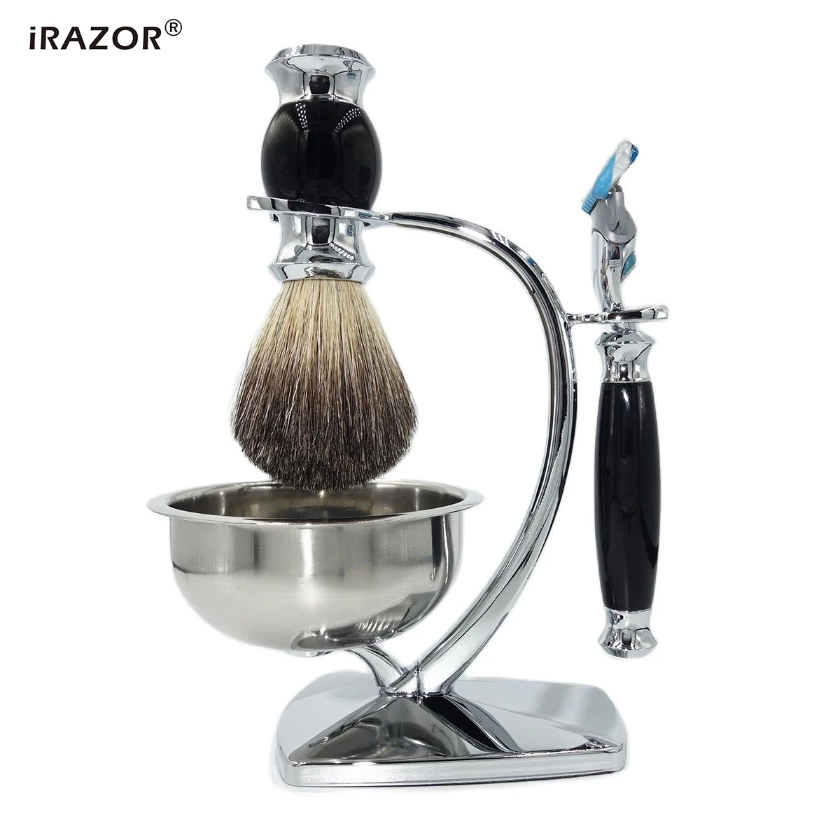 iRAZOR 5 Layer Fusion Safety Razor Shaving Kit for Men Magnet Design Badger Hair Cream Brush and Shaver Mug Bowl Holder