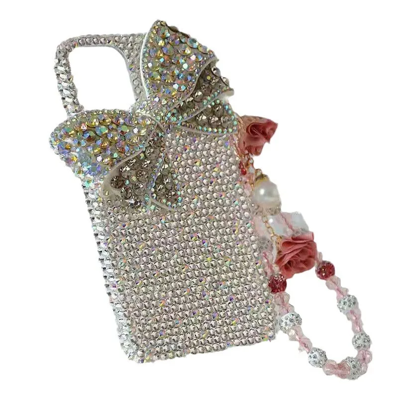

Luxury Glitter Phone Case Bedazzled Solid Butterfly Knot iPhone 16 Protect Cover Hand-applied Rhinestone Mobile Case Mosaic Gift