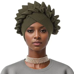 Muslim Turban Hijab Caps Ruffled Flower Headscarf Bonnet Women Fashion African Headwrap Lady Soild Color Headgear Hats