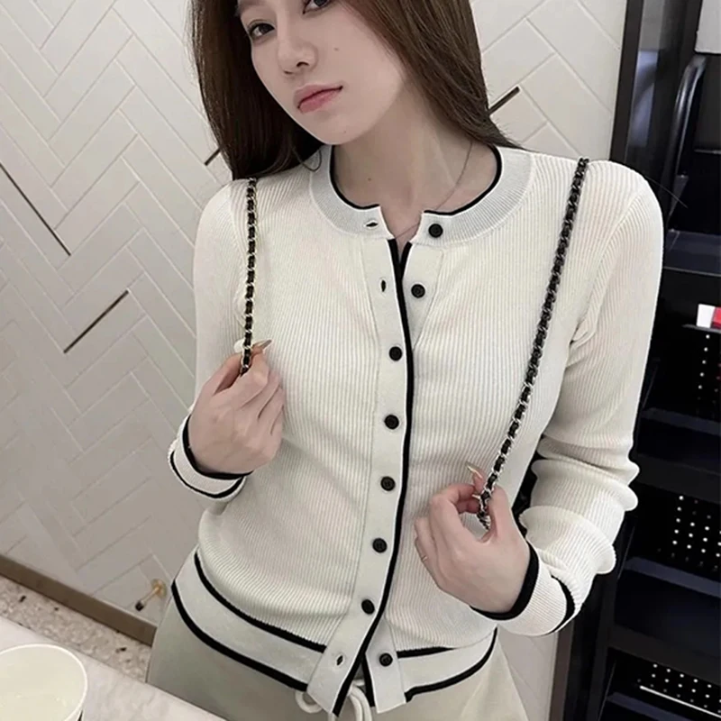 

Korean Patchwork Knit Cardigan Women White Commuter Slim Long Sleeve Sweater Elegant Fashion Single Breasted Cropped Top