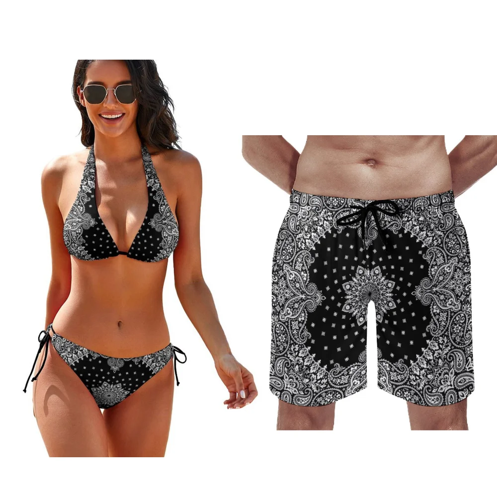 

Настраиваемые банданы, комплекты для пар, комплекты купальников для пар, несколько размеров на выбор, женские цельные купальники, мужские плавки