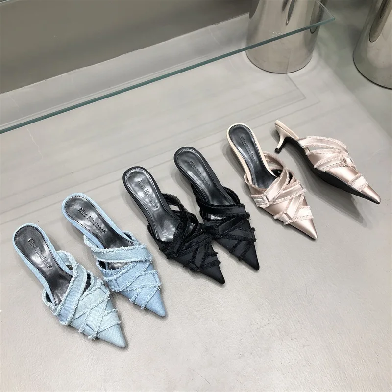 Mules For Women 2024 Low Female Shoes Pointed Toe Ladies\' Slippers New Denim Cover Hoof Heels Rome Slides PU Fabric Mules For Wo