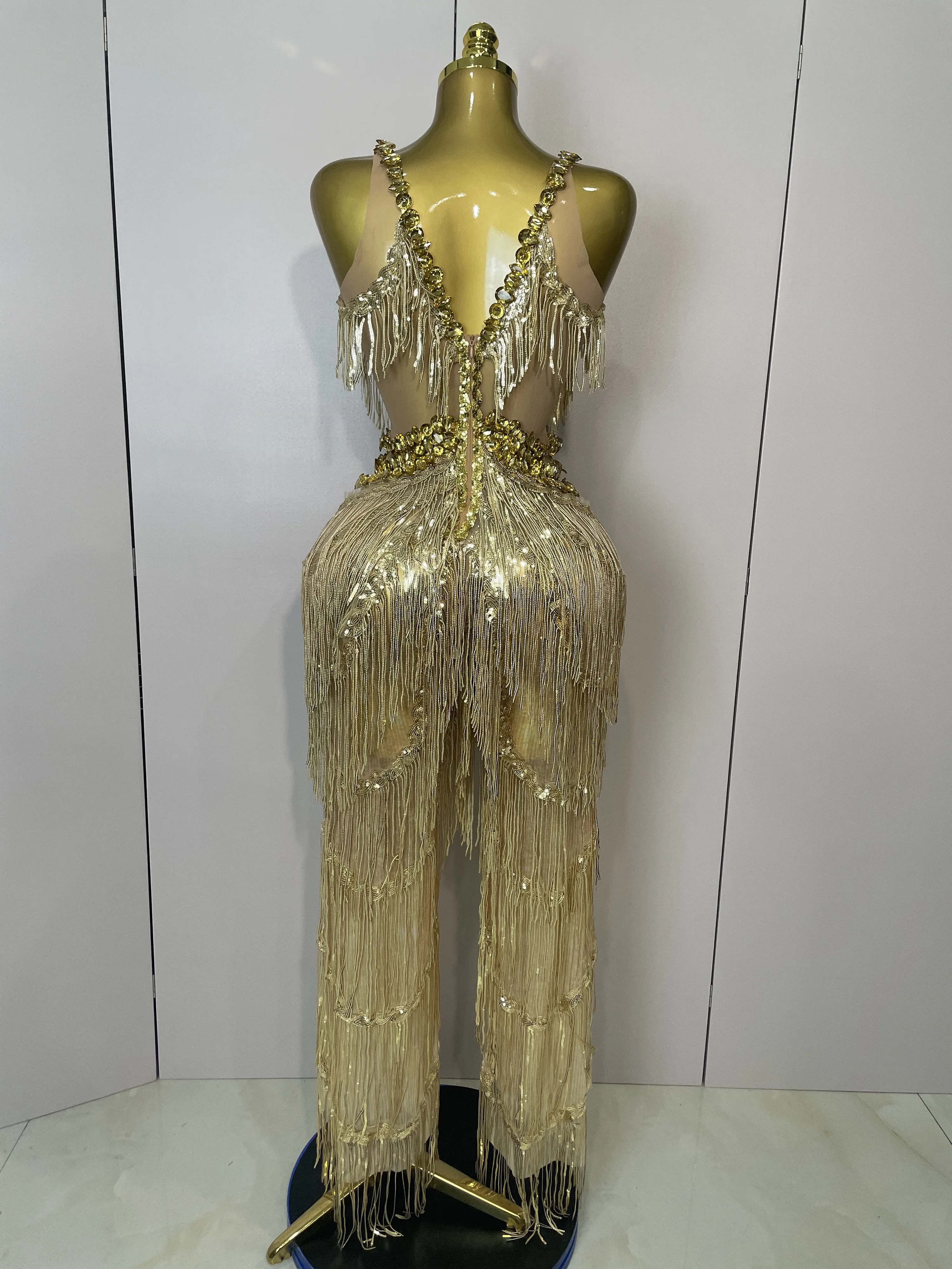 Shiny Gold Rhinestones Sequined Fringe Wide-leg jumpsuit 2025 Women Sexy Night Party Club Outfit Singer Stage Perform Costume