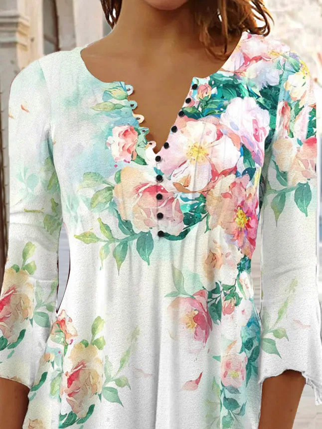 V-Neck Floral Impresso Tops para Mulheres, Manga 3/4, Plus Size