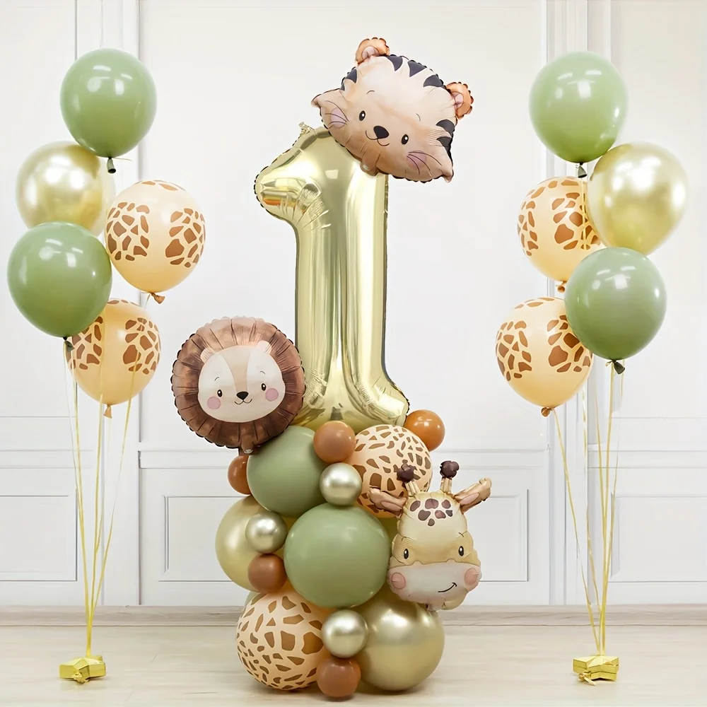 38 Uds. Torre de globos de animales salvajes con globos dorados de número 1-9 para decoración de fiesta de cumpleaños de Safari en la jungla para niño suministro de fiesta en el bosque