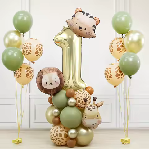 38pcs Wild Animal Balloon Tower with Gold 1-9 Number Balloon for Boy Jungle Safari Birthday Party Decoration Forest Party Supply