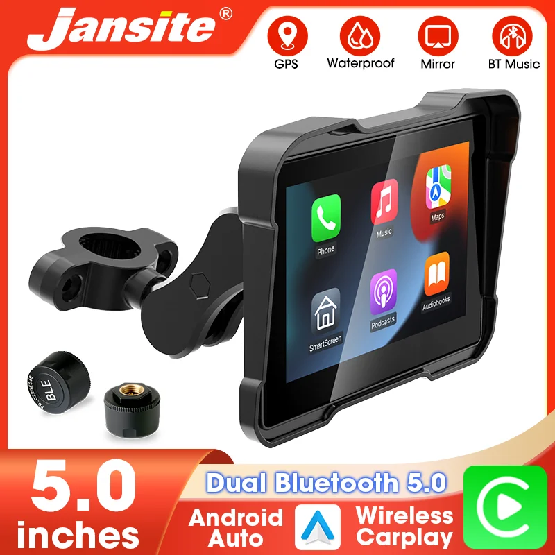 

Jansite 5-дюймовый экран для мотоцикла, беспроводной CarPlay, Android, GPS-навигация, цифровая приборная панель для мотоциклов, двойной BT 5,0