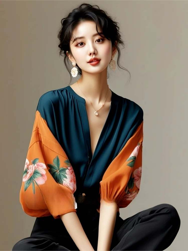 French Vintage Blouses V Neck Lantern Sleeve Flower Print Contrast Color Summer Shirts Loose Elegant Design 2025 Women Clothing