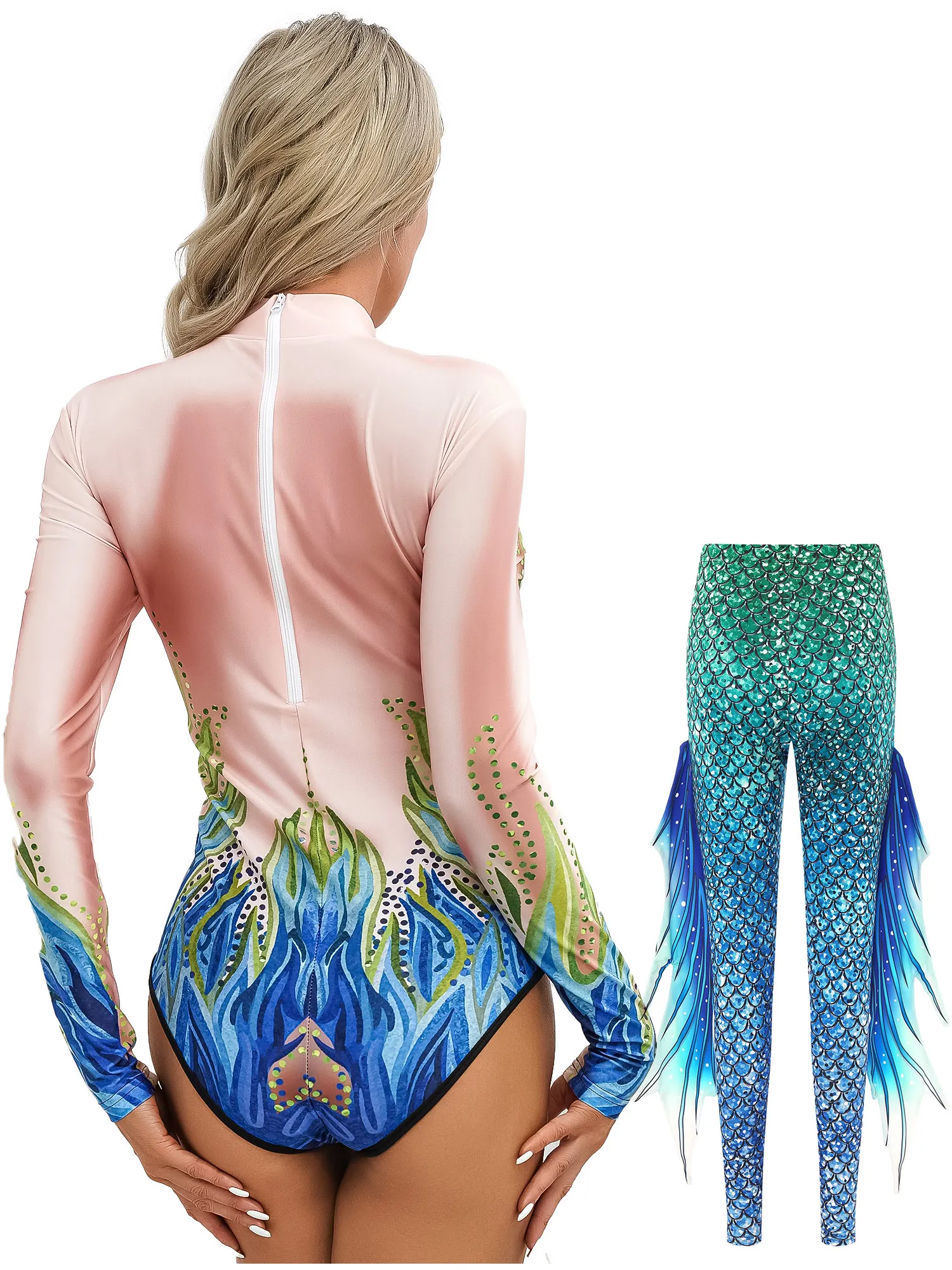Womens Mermaid Roleplay Set Print Fish Scales Stand Collar Long Sleeves Jumpsuit with High Waist Tights Suit for Halloween Party