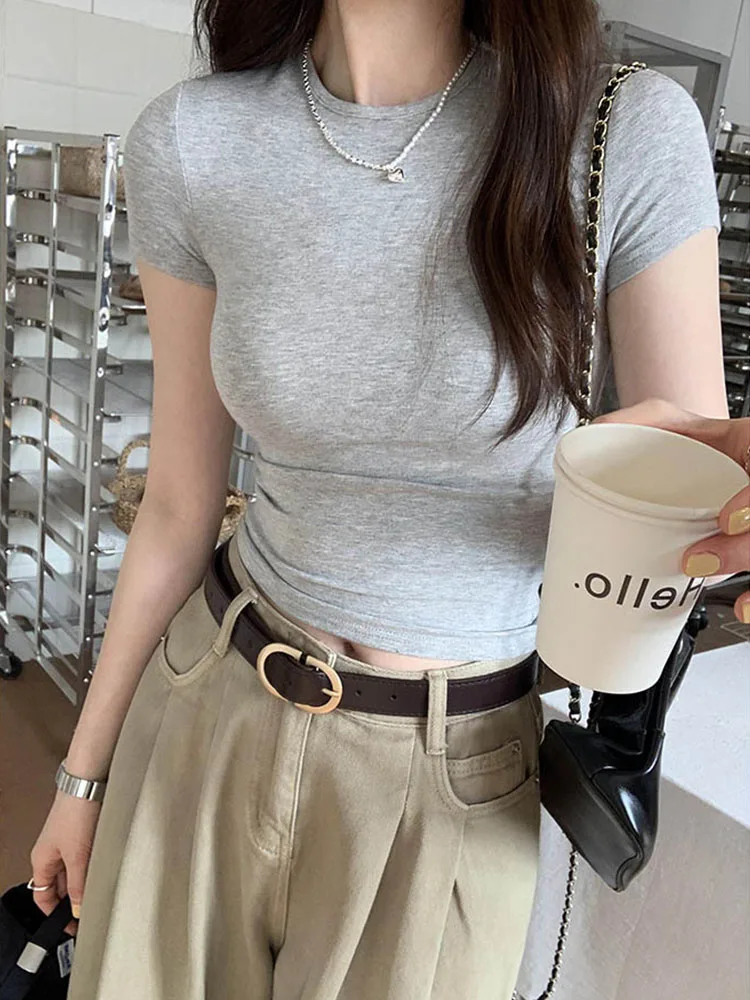 Basic Solid Crop Top Short Sleeve Crewneck Skinny T-shirt Summer Casual Tee for Women y2k Vintage Top Harajuku Streetwear - Image 4