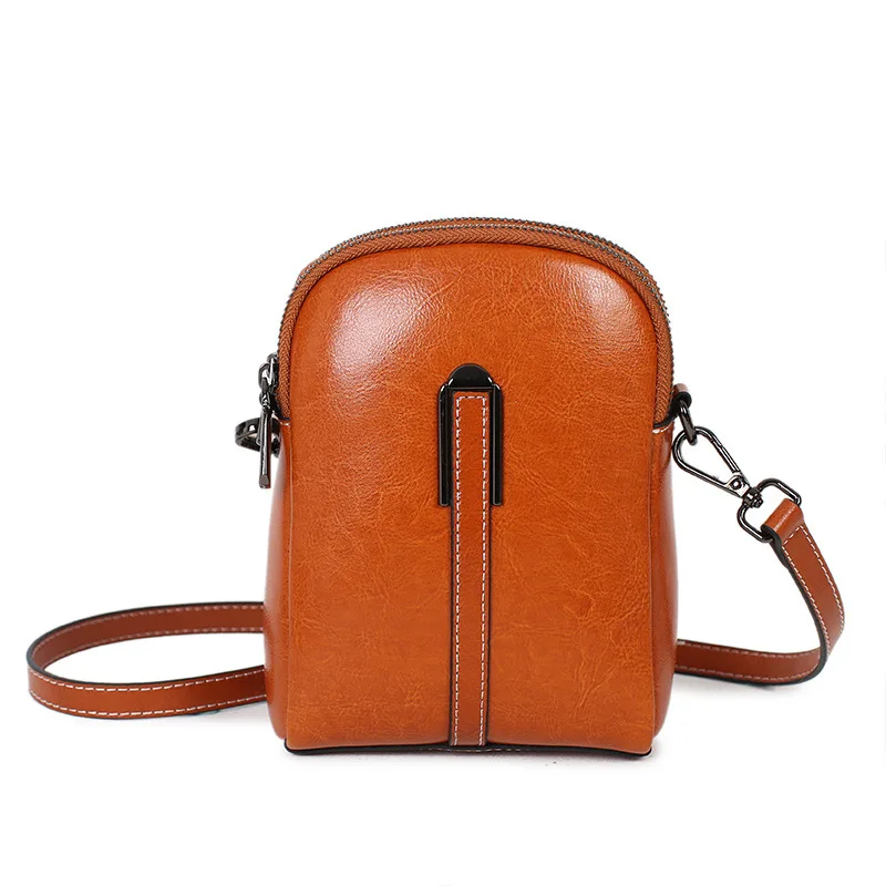 Genuine Leather Women\'s Mobile Phone Bag Single Shoulder Messenger Purse Fashion All-match Oil Wax Cowhide Crossbody Small Bag