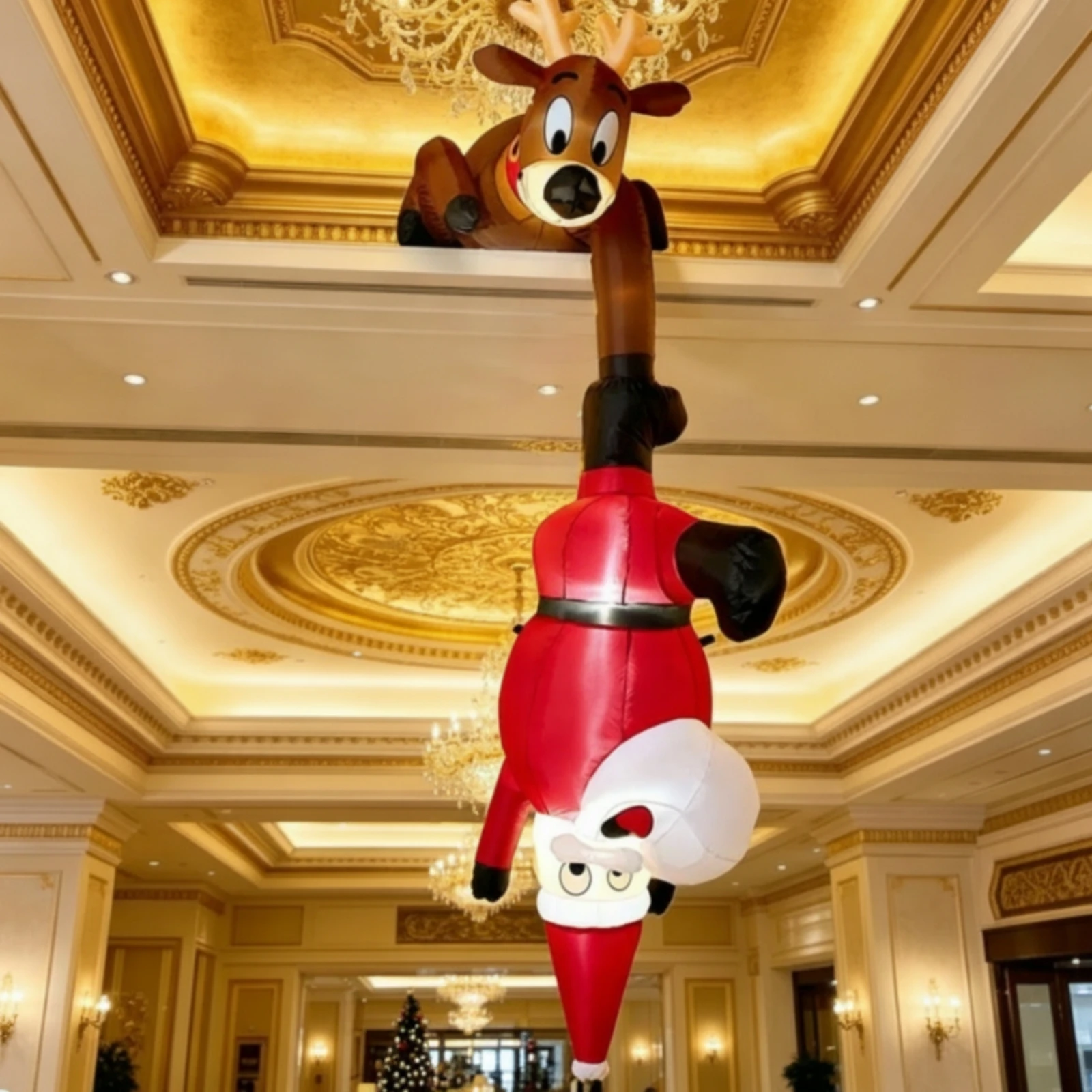 Santa and Reindeer Inflatable Vertical Hanging Christmas Inflatable Holiday Display Whimsical Easy to Set up for Families, Porch