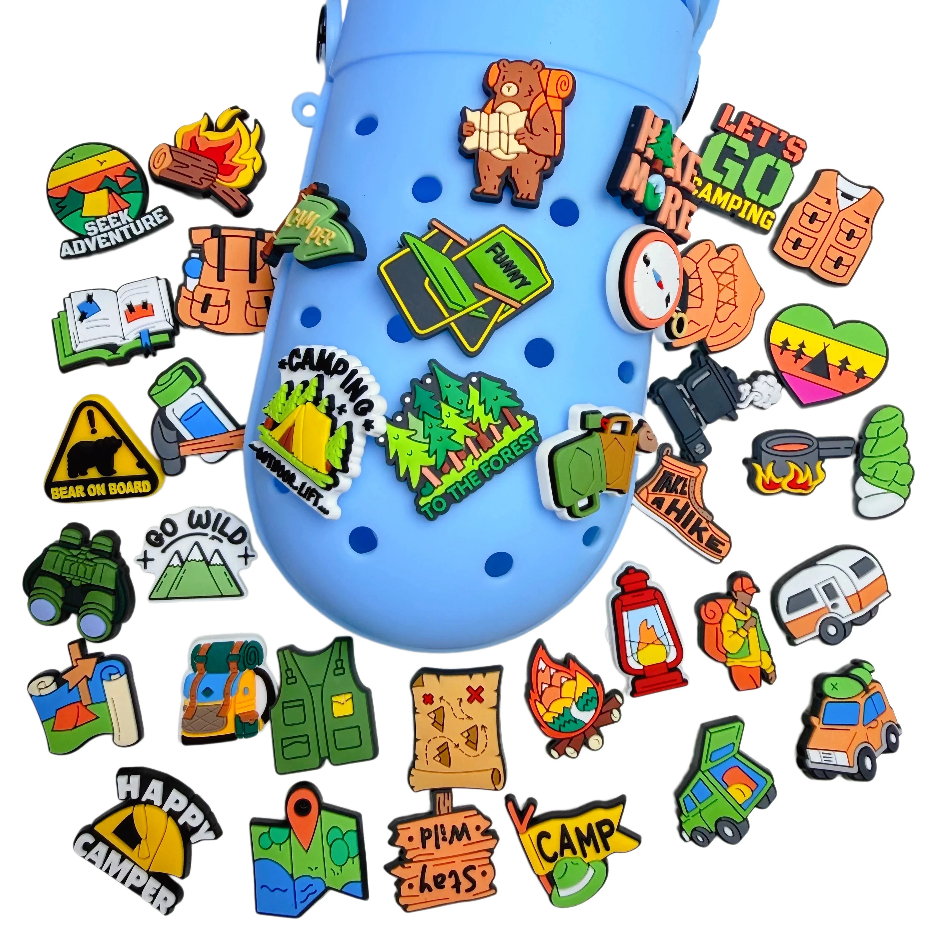 21-100Pcs Happy Camper Stay Wild PVC Shoes Charms Car Sleeping Bag Clog Buckle Ornaments Fit Man Woman Camping Gift