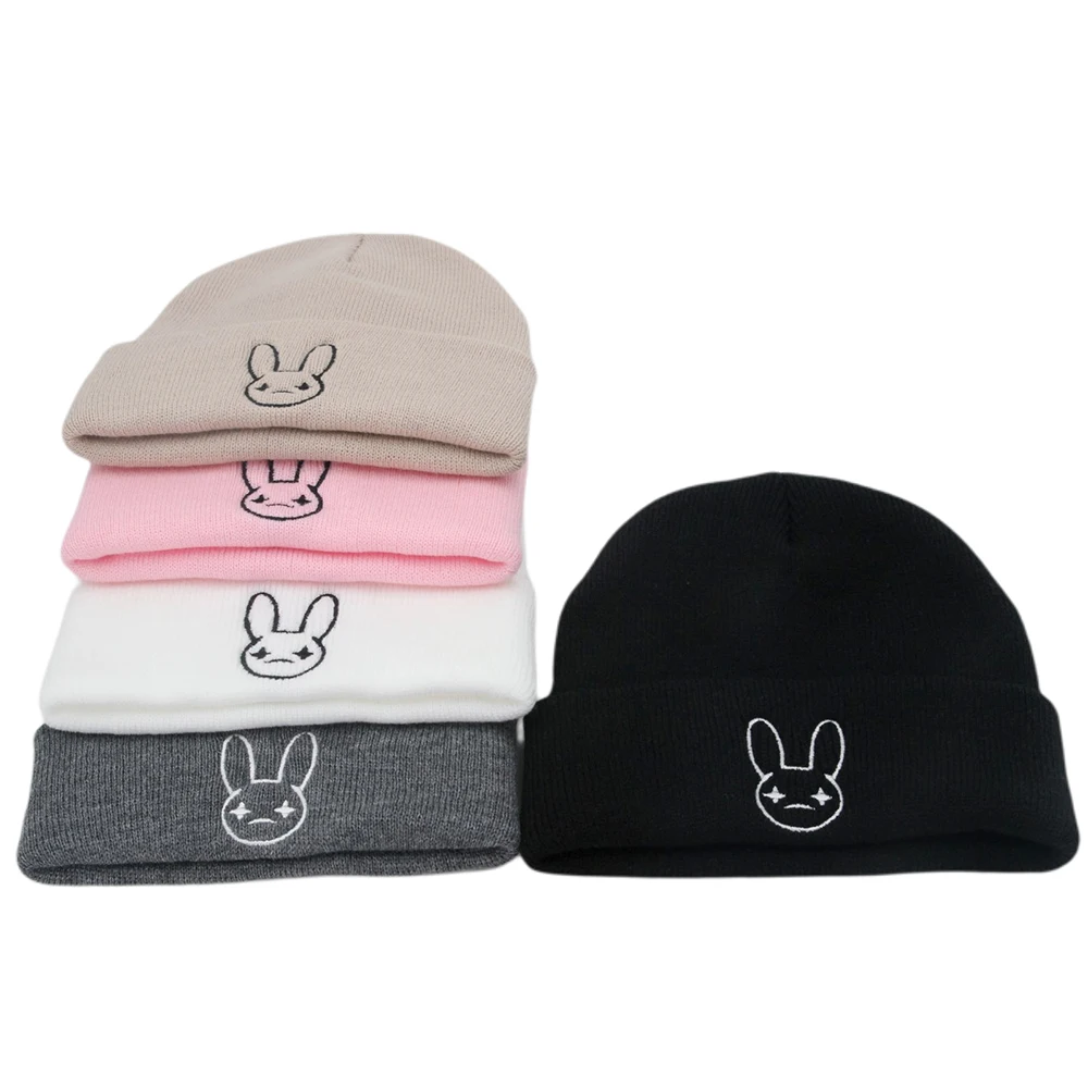 Bad Bunny Beanie Hat Embroidery Cartoon Rabbit head Knitted Hats Unisex  Winter Keep Warm Ski Cap