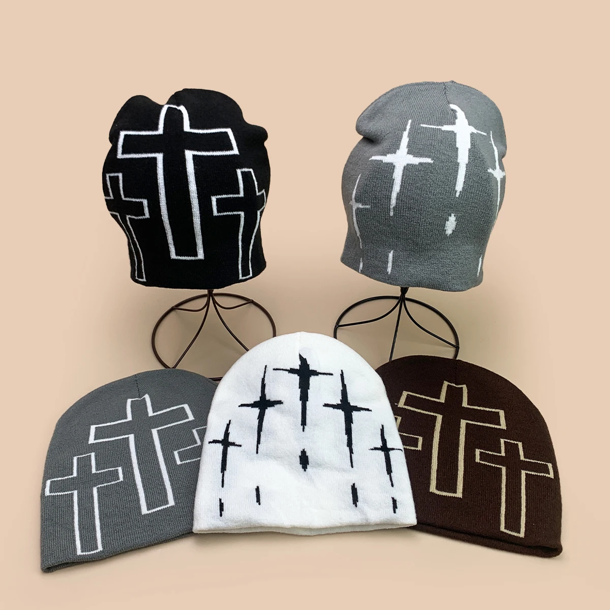 

European Style Color Block Jacquard Cross Star Knitted Hats New Men Women Warm Hip Hop Fashion Simple Versatile Personal Beanies