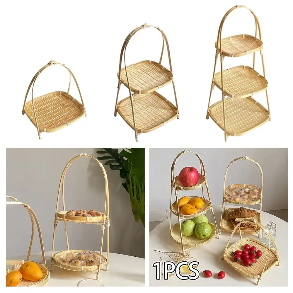 1Pcs New Fruit Food Vegetable Bamboo Woven Basket for Kitchen Multi-function Storage Basket 1/2/3 Layer Handwoven Standing Tray