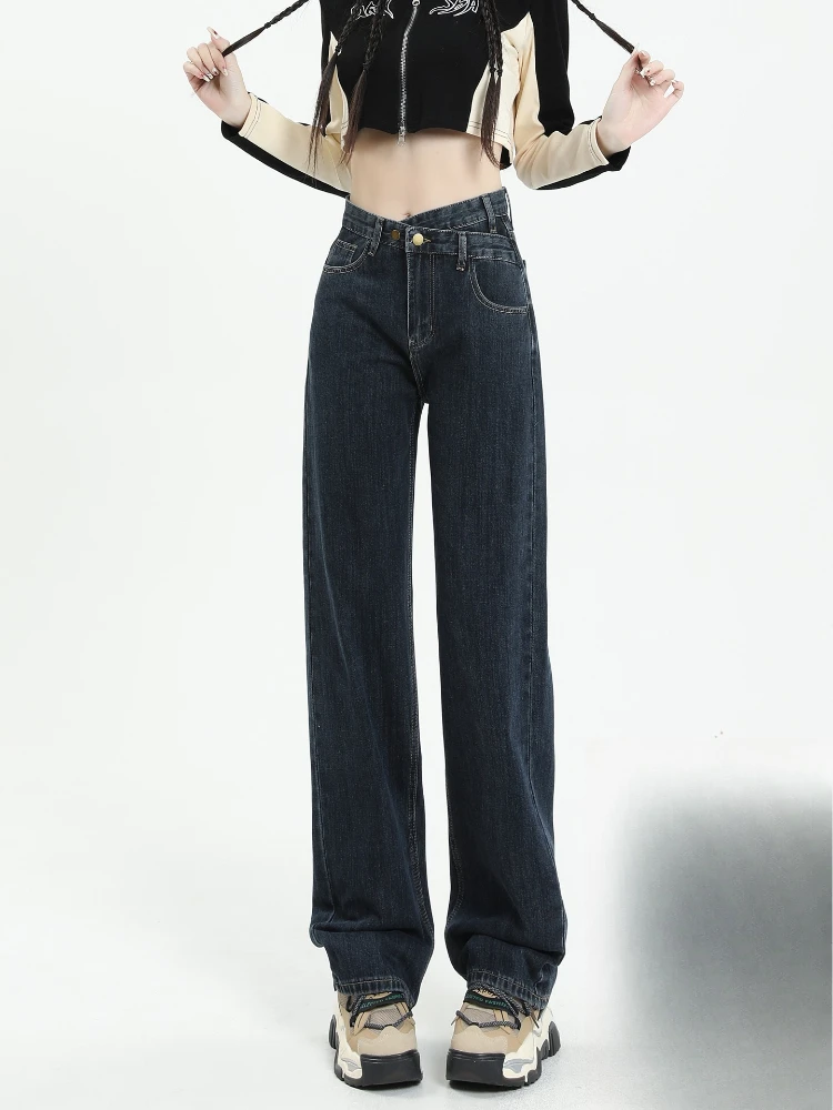 2025 autumn and winter new high waist slimming floor hugging wide leg pants women velvet thickened retro straight leg jeans