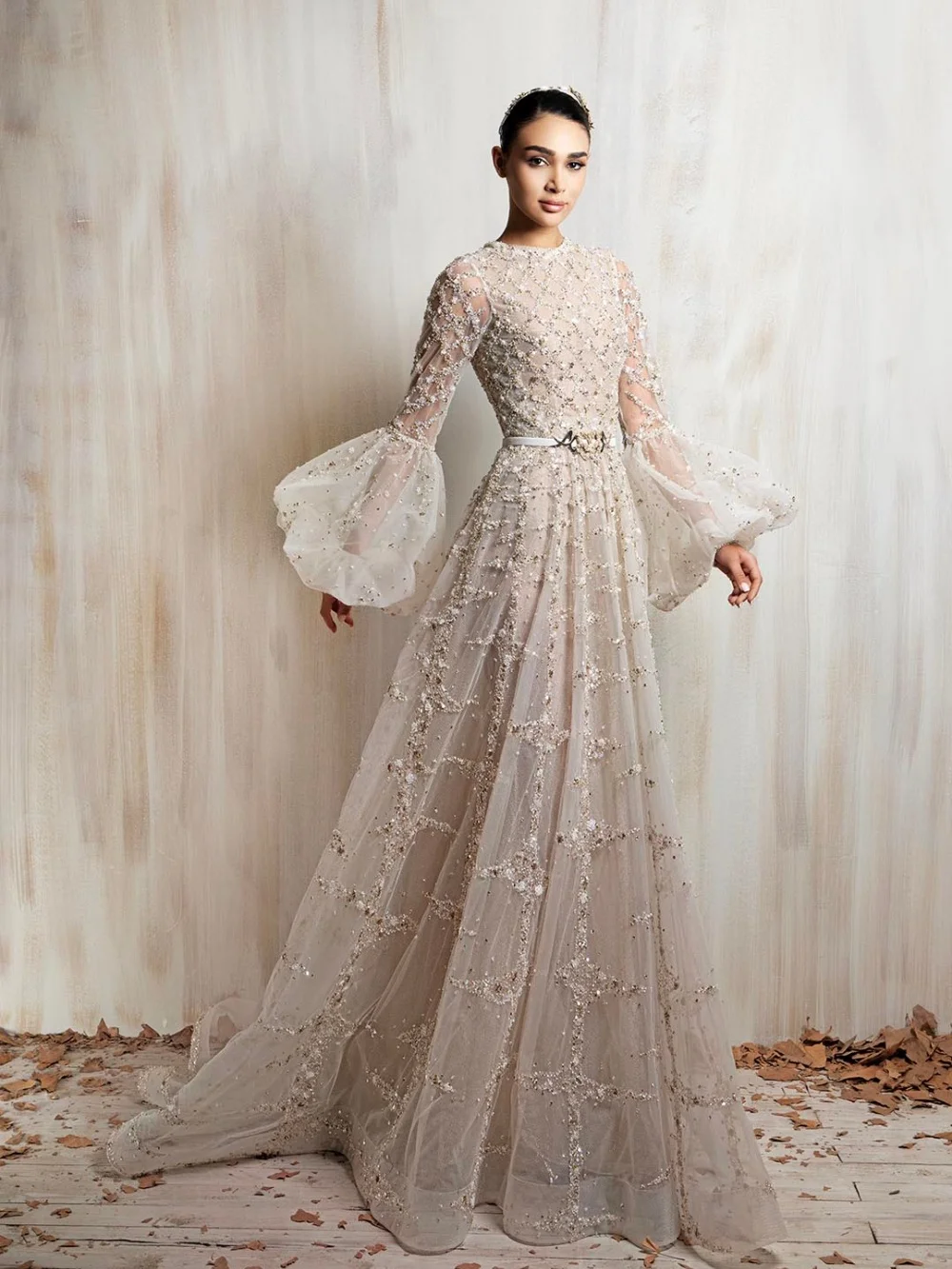 Luxury High Neck Puff Sleeve Tulle Evening Dress Exquisite Beading Sequins Party Dress Grid Pattern A Line Formal Gown For Prom