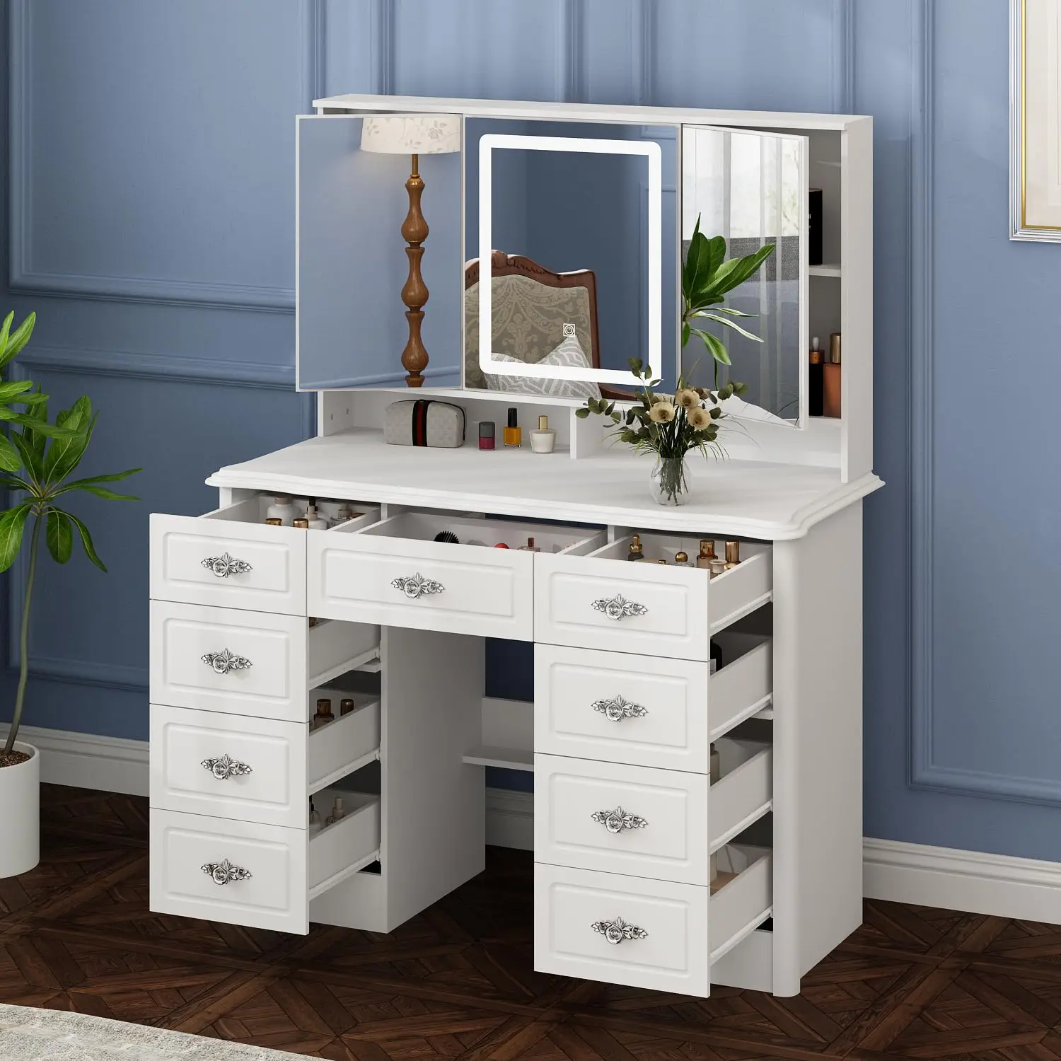 White Vanity Desk with Trifold Mirror & LED Light, 9 Drawers & Shelves, 3 Color Modes, Silver Handles, Customized