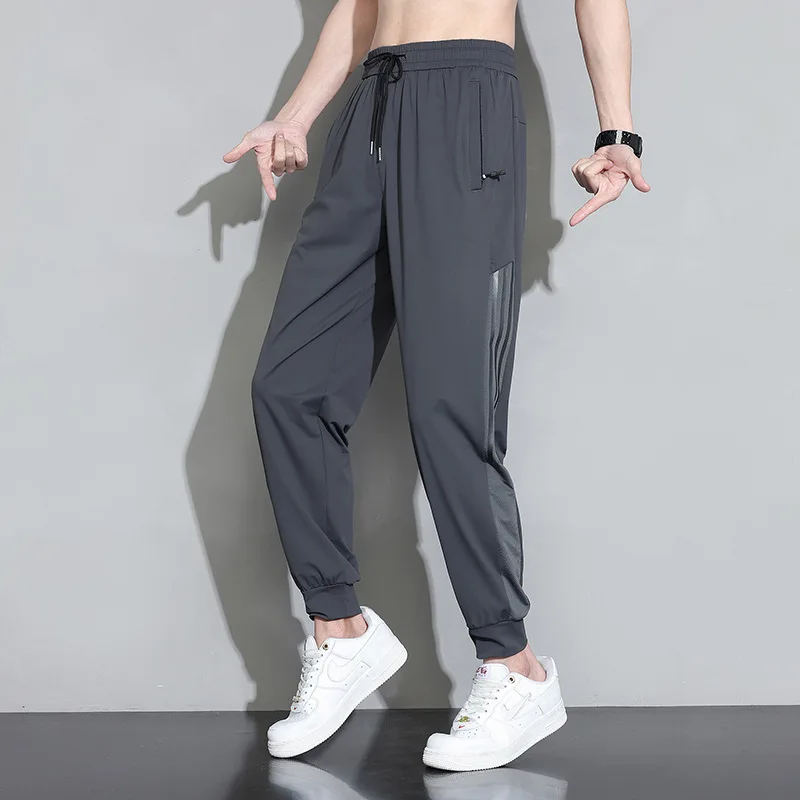 Ice Shreds Casual Men 2024 Summer Thin Style Quick Drying Motion Loose Bound Feet Street Casual Solid Color Affordable Trousers