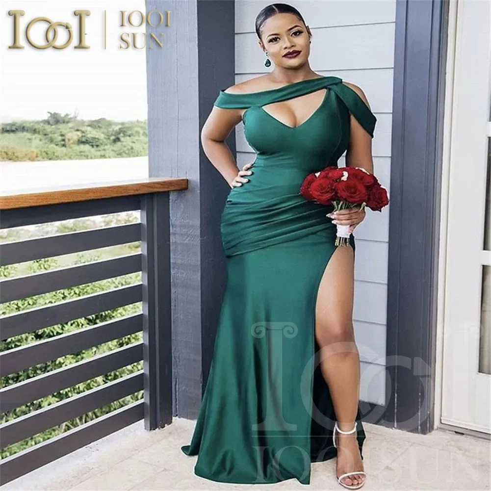 

IOOISUN Emerald Green Satin One Shoulder Bridesmaid Dress Customized Mermaid Wedding Party Gown Formal Party Dresses
