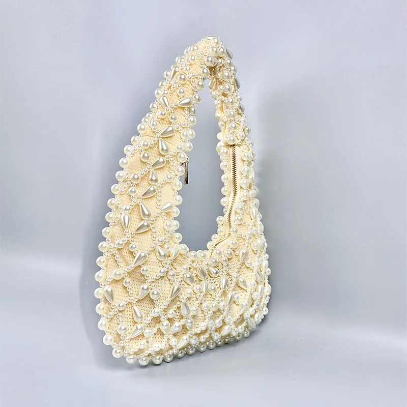 New Women\'s Bags Vintage Ins Pearl Rhinestone High Quality Ladies Handbag Handmade Beaded Knitted Commuter Underarm Shoulder Bag