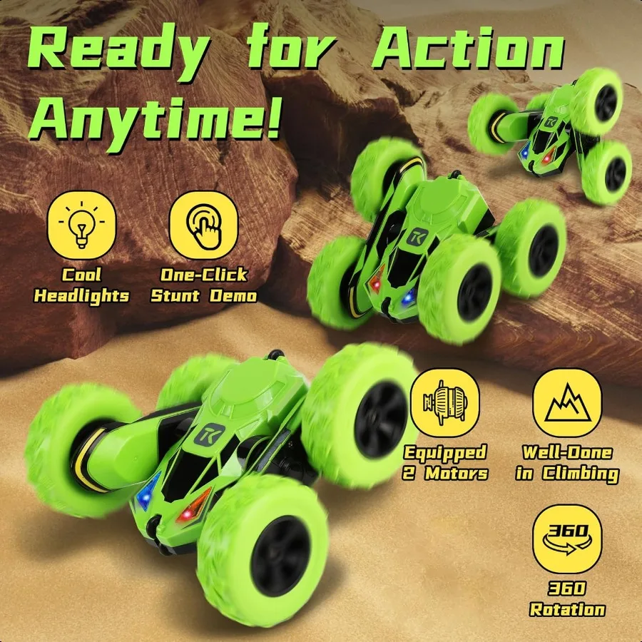 スリーキング RC スタントカー ラジコンカー 両面走行 360度回転フリップ回転カーおもちゃ グリーン