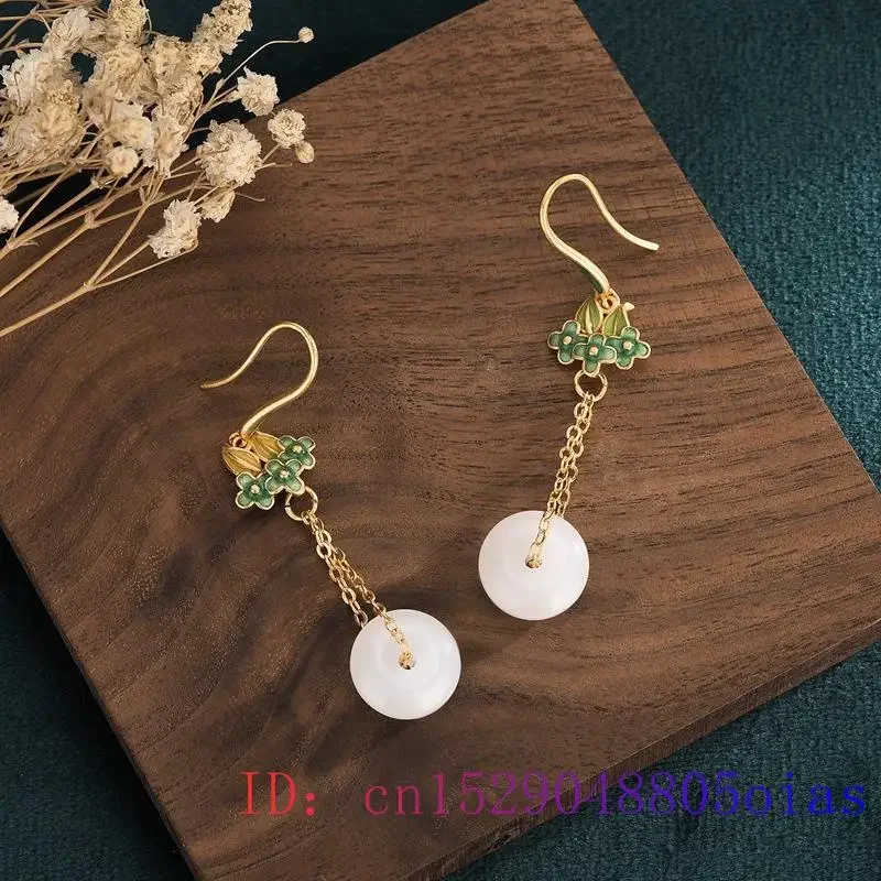 White Jade Doughnut Earrings Zircon Fashion Jewelry Gemstone 925 Silver Chalcedony Women Crystal Agate Natural Amulet Charm