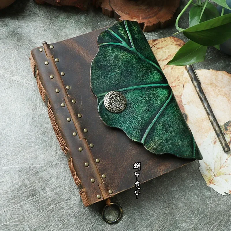First layer cowhide original leather diary handmade leather thread ancient magic nostalgic snap lotus leaf notepad