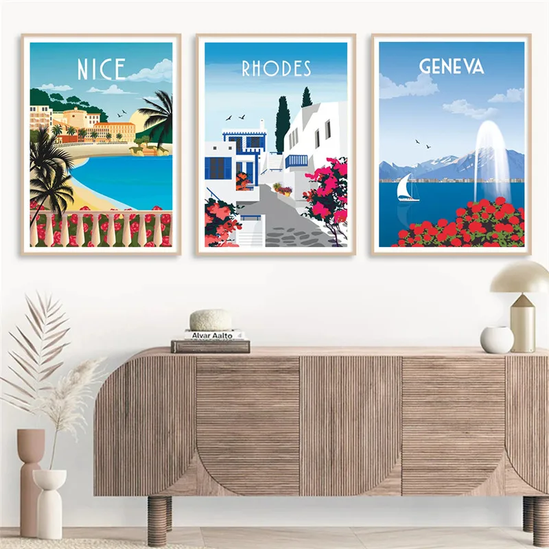 Morocco Sicily Italy Provence French Spain Turkey Hawaii Amalfi Coast Travel Poster Greece Wall Art Canvas Painting Home Decor