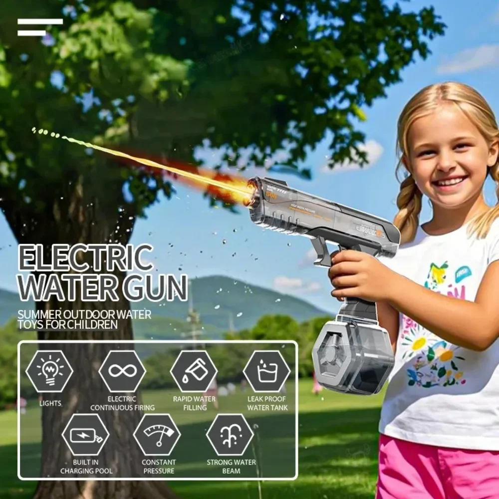 Pistola de água elétrica de verão, brinquedo completo automático, tiro, pistola de água, brinquedo para crianças ao ar livre, praia, luta, menino, aniversário, presentes de natal