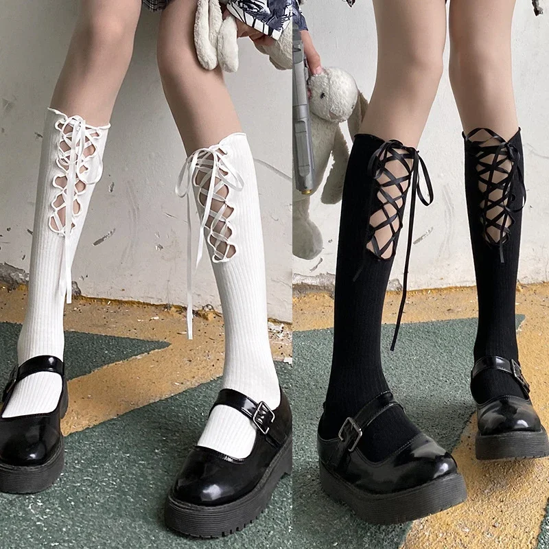 

Black and White Lace Lolita Middle Tube Socks Female Cute Bowknot Long Tube Silk Ribbon Lace Japanese Style Summer Stocking Y2k