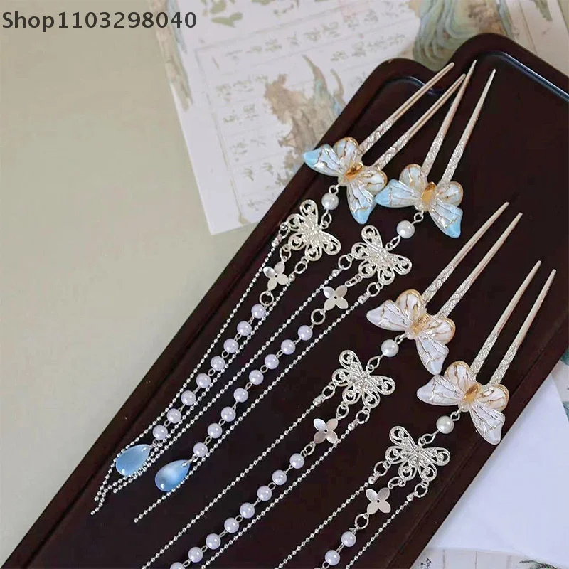 Elegante forcina a farfalla vintage da donna, bastoncino per capelli in stile cinese con nappa, bellissimo accessorio ispirato all'antichità