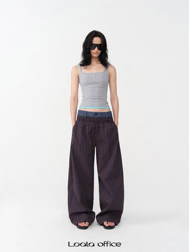 

Loala Office Casual Loose Jeans Plaid Wide Leg Pants Double Waist American Style Spring Cotton Elastic Denim Low Waist Long P...