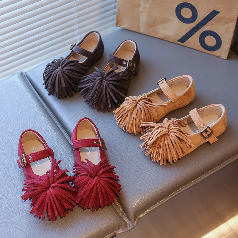 

2025 New Girls' Suede Leather Shoes Spring Autumn Soft-soled Kids Retro Mary Jane Shallow Mouth Tassel Loafer Flats Size