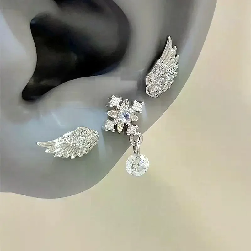3Pcs Vintage Crystal Zircon Wing Earrings Stud Luxury Shiny Angel Wings Earrings Silver Color Earrings Women Jewelry Gifts
